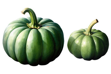 Green pumpkin watercolor isolated on background. Hand drawing fall harvest gourd. colorful Vegetable illustration, Generative AI