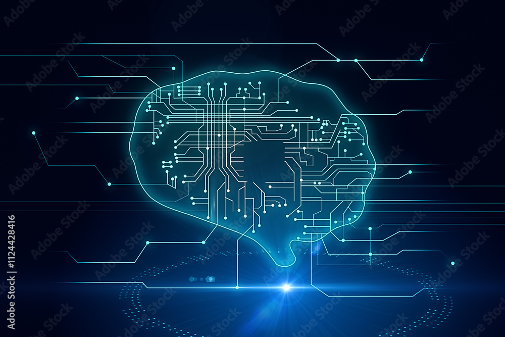 Poster Big data processing and artificial intelligence concept with digital glowing human brain layout with microcircuit inside on abstract technological background with blue dotted circle. 3D rendering