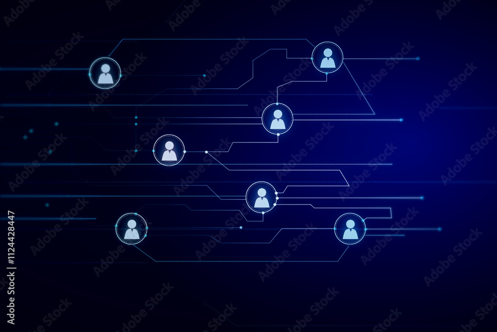 Poster People connection and social network concept with bright white digital user symbols connected between each other on abstract dark background. 3D rendering