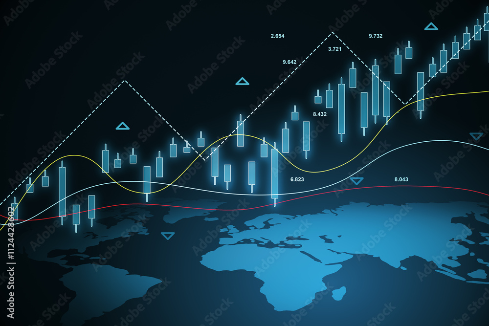 Poster View from top on world map part on dark background with digital glowing financial chart candlestick and data indicators. 3D rendering