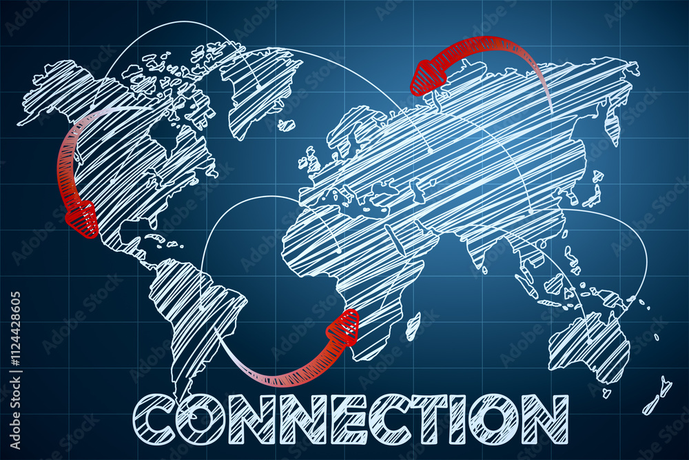 Poster Hand drawn sketch of world map with white and red arrows on blue background with connection word, global network concept. 3D rendering