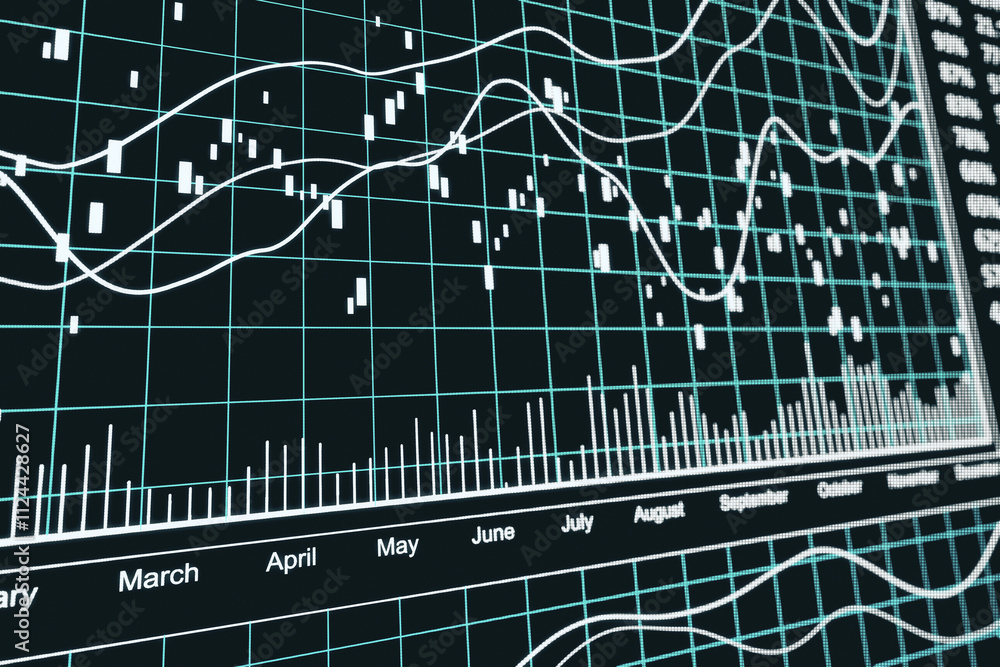 Poster Stock market growth and trading chart account computer screen perspective view with digital financial chart indicators and diagrams on dark squared background. 3D rendering