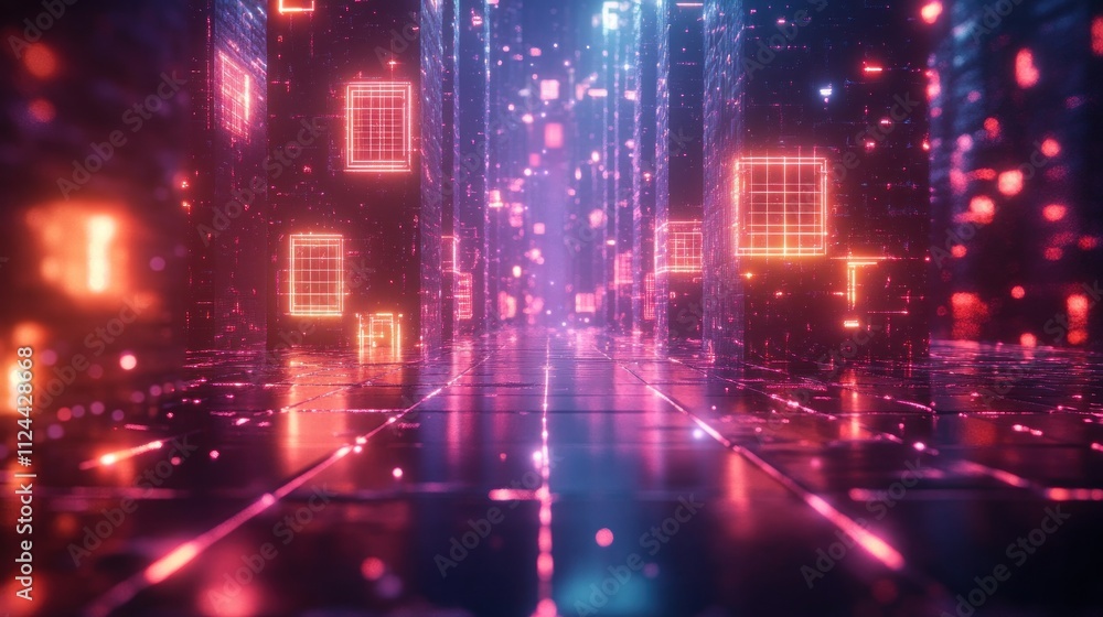 Poster futuristic neon light landscape with glowing cubes in cyberpunk environment 3d abstract art