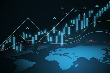 View from top on world map part on dark background with digital glowing financial chart candlestick and data indicators. 3D rendering