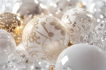 Elegant White and Gold Christmas Ornaments Close-Up