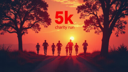 Group of people running a 5k charity run at sunset