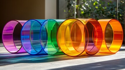 Rainbow-Colored Curved Glass Tubes on a Gray Surface