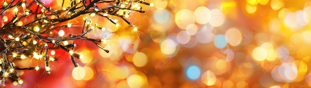 Poster Glimmering Holiday Lights on Branches with Colorful Bokeh Background