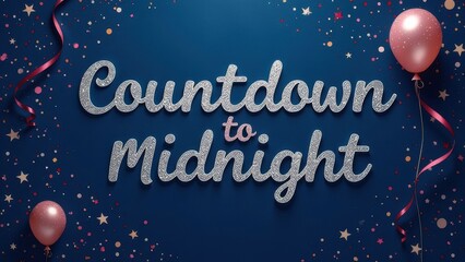 Naklejka premium Silver glitter countdown to midnight sign on blue background with balloons and confetti