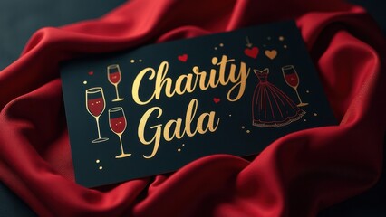 Charity gala invitation resting on red silk fabric