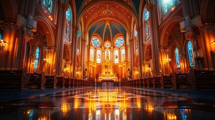 Obraz premium Majestic church interior with stained glass windows, ornate details, and reflective floor.