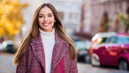 Fototapeta premium attractive girl wear stylish jacket walk downtown city center weekend trip autumn day outside