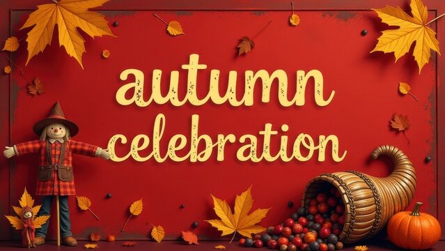 Autumn celebration with scarecrow, cornucopia, and colorful leaves