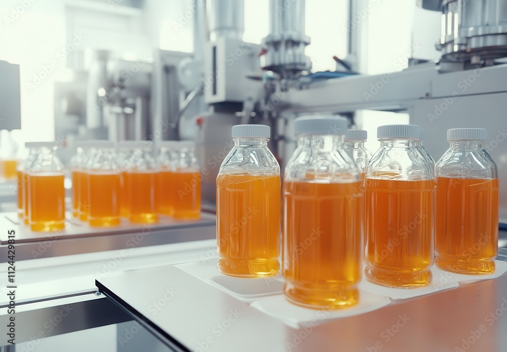 Poster modern production line of bottled juice with clear containers displaying fresh beverage in a bright 