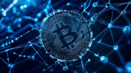Futuristic blockchain technology hud interface displays a global globe, representing the decentralized nature of blockchain. The interconnected polygon symbolizes peer-to-peer networks