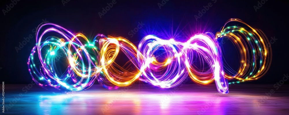 Poster colorful light trails creating abstract swirls in dark background