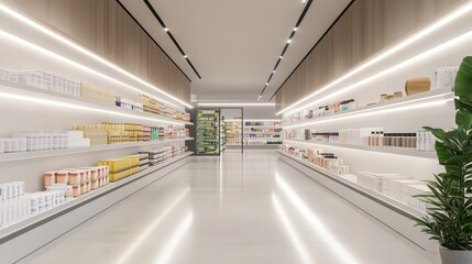 Obraz premium 3D render of a modern supermarket aisle with unbranded products on sleek white shelving.