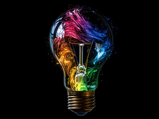 A light bulb breaking open to reveal swirling rainbow colors. Artistic representation