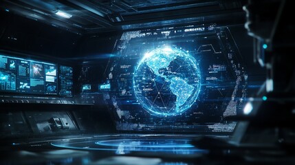 Futuristic blockchain technology hud interface displays a global globe, representing the decentralized nature of blockchain. The interconnected polygon symbolizes peer-to-peer networks