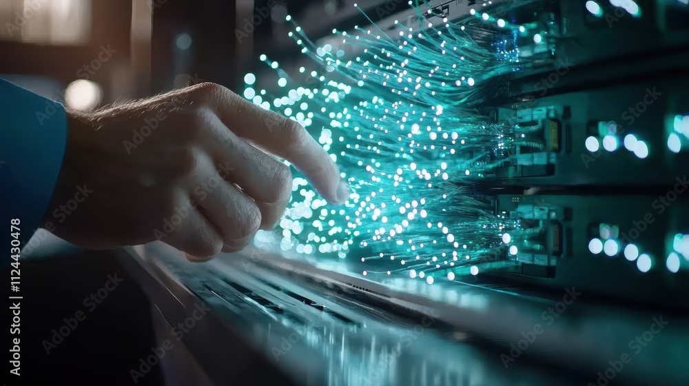 Poster close-up of hand interacting with fiber optic data connections