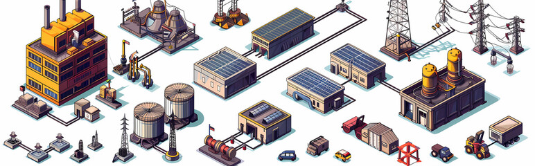 Industrial Complex Isometric Illustration: A detailed isometric illustration showcases a sprawling industrial complex, featuring various buildings, infrastructure, and machinery.