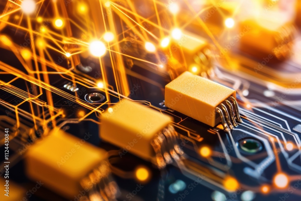 Poster abstract close-up of circuit board with orange elements and lights