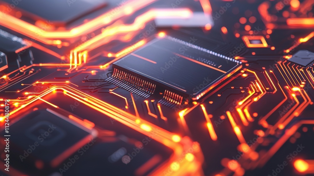 Poster Close-Up of Circuit Board with Glow Effects and Microchip Components