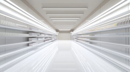 Obraz premium 3D-rendered supermarket aisle with blank goods on both sides, ideal for branding mockups.