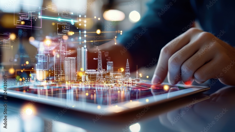 Poster digital cityscape visualization on tablet with futuristic elements