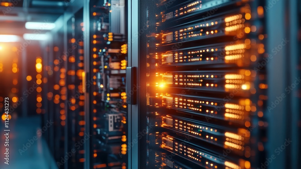Poster Data Center with Bright Server Racks and Illuminated Technology