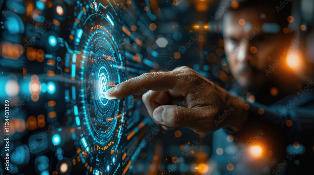 Poster man interacts with futuristic holographic interface.
