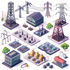Power Grid Infrastructure: A comprehensive isometric illustration of an interconnected power grid, showcasing essential components such as power stations, substations, transmission towers.