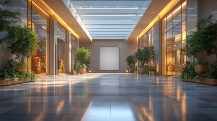 Minimalist Shopping Mall Interior with Blank Display Board and Natural Light