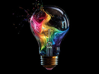 A light bulb breaking open to reveal swirling rainbow colors. Artistic representation