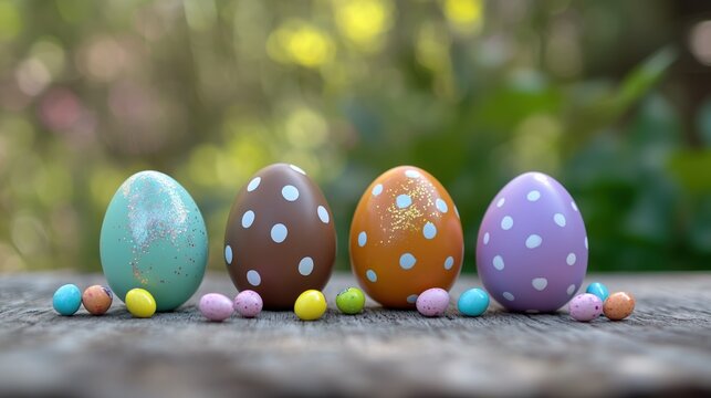 Easter eggs unusual shades with white polka dots, sitting on rustic wooden surface, green garden background. Holiday wallpaper with cheerful, springtime atmosphere. Backdrop, poster, banner, 
