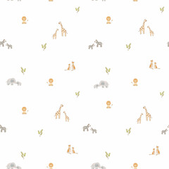 Beautiful seamless pattern with watercolor hand drawn cute safari giraffe and elephant animals. Stock illustration. For baby. © zenina