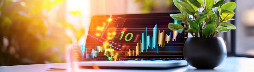 Fototapeta premium Business Growth Analysis with Chart on Laptop and Potted Plant