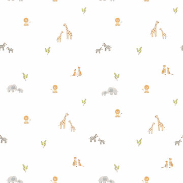 Beautiful seamless pattern with watercolor hand drawn cute safari giraffe and elephant animals. Stock illustration. For baby.