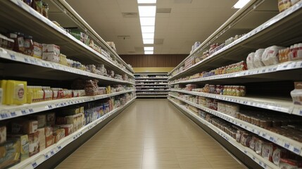 Fototapeta premium A generic grocery store interior with shelves of unmarked products lining an empty aisle.