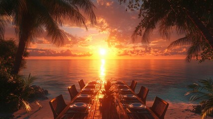 Tropical Beach Dinner at Sunset with Elegant Table Setting for Weddings and Celebrations