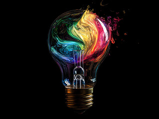 A light bulb breaking open to reveal swirling rainbow colors. Artistic representation