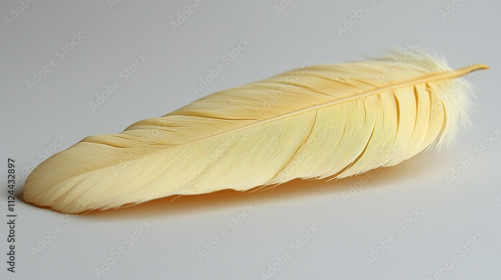 Poster elegant soft yellow feather resting on a light surface showcasing its delicate structure and fine de