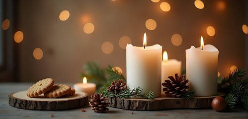 White Christmas candle on rustic wooden boards - Decoration with natural elements, twigs, pine cones and cookies - First Advent Sunday , Advent banner, panorama with magic bokeh lihgts