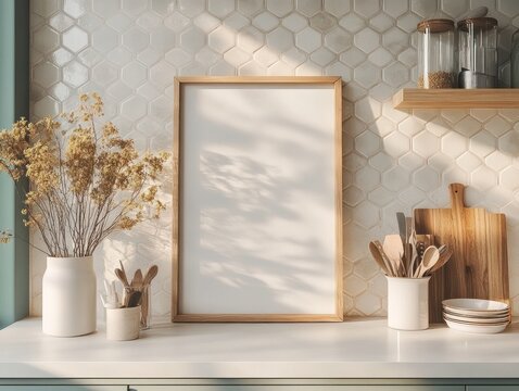 Scandinavian kitchen with hexagonal marble wall mockup poster frame and dried flowers decor