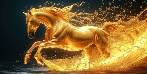 Golden Horse in Motion: Exquisite Liquid Gold Art with Dynamic Energy and Vibrant Splashes