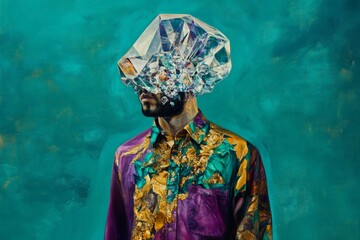 Fototapeta premium Artistic Portrait of a Man with a Crystal Headpiece Against a Vibrant Teal Background - Surreal Fashion and Unique Conceptual Art