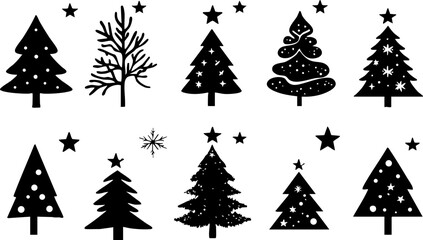 Obraz premium A collection of black silhouettes featuring Christmas trees, stars, and winter elements ideal for holiday designs.