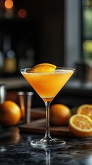 Refreshing orange cocktail served in a stylish glass with citrus slices at a cozy bar