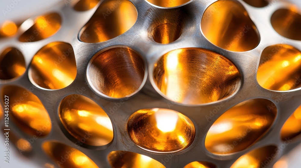 Poster abstract close-up of a metallic sculpture with hollow spheres and light