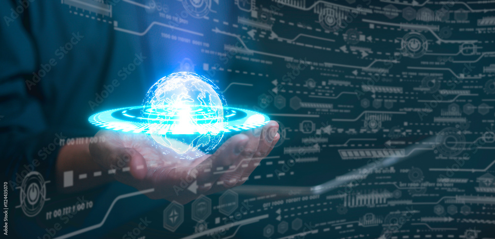 Aufkleber digital data transformation hand touching the metaverse universe, a conceptual shift in digital tran